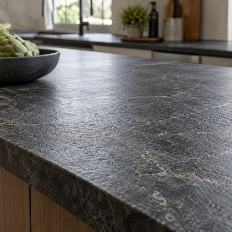 Close view of the tactile texture on a leathered natural stone countertop