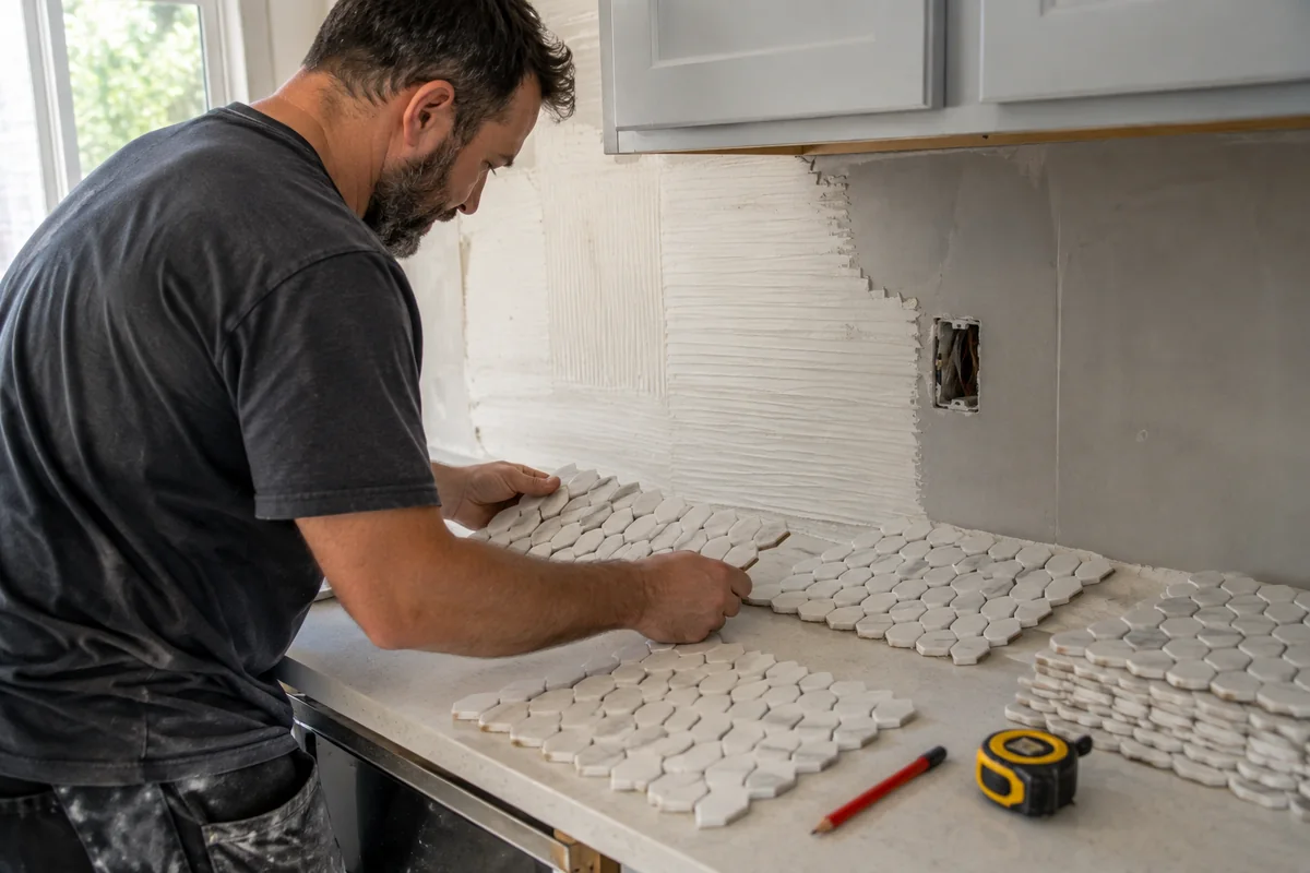 Installer arranging marble mosaic sheets to plan a backsplash layout