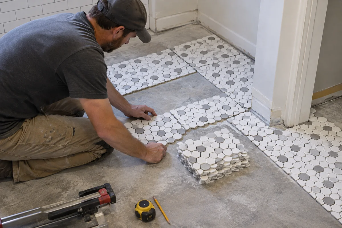 Mosaic tile sheets arranged in a dry layout to check alignment and corner cuts
