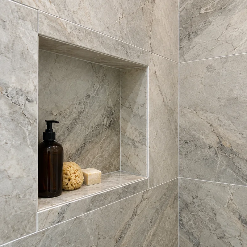 Natural stone shower niche with aligned tile joints and finished inside corner