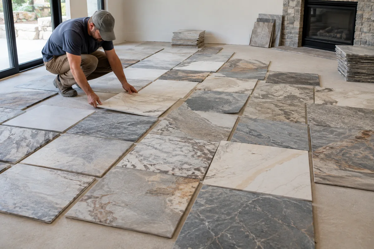 Natural stone tiles dry-laid on a floor to plan the distribution of color and veining