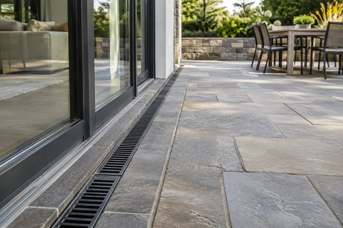 Stone paver patio with a linear drainage channel near the house