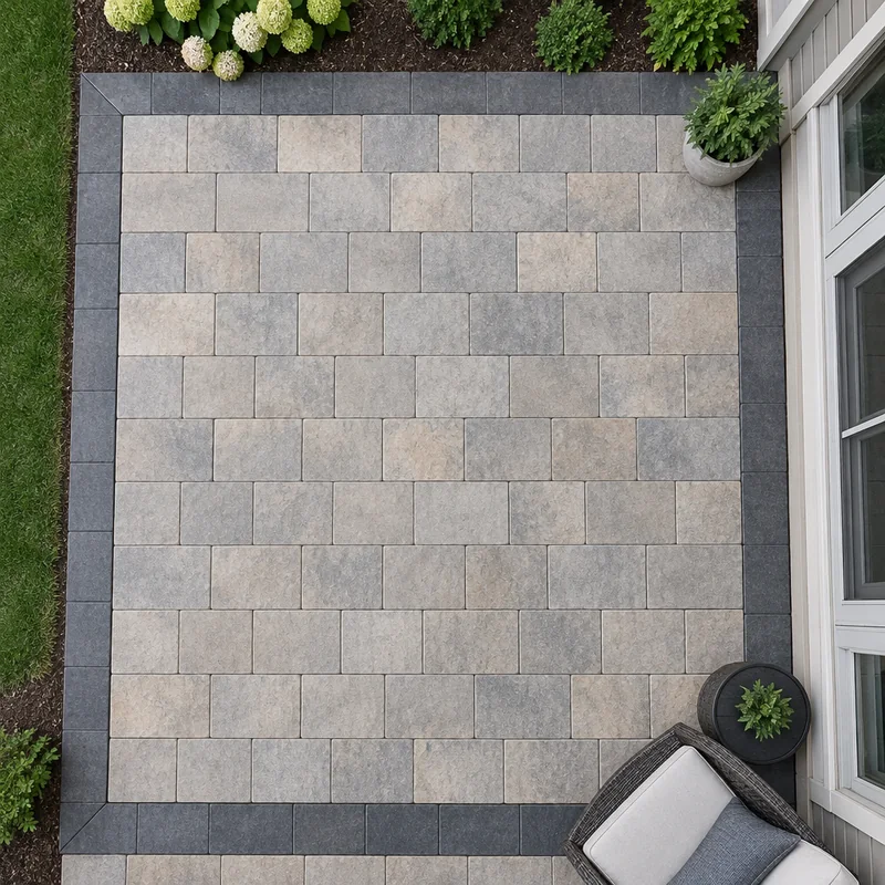 Overhead view of a bordered patio paver layout with aligned joints