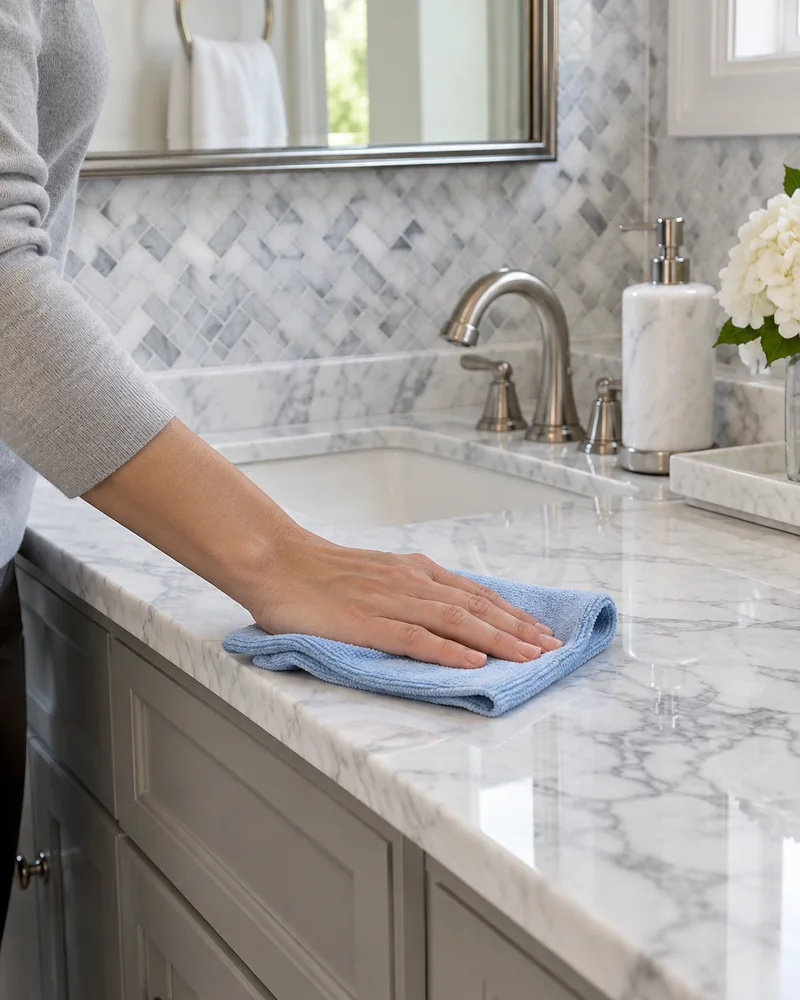 Soft cloth being used to clean a polished marble surface beside a bathroom vanity