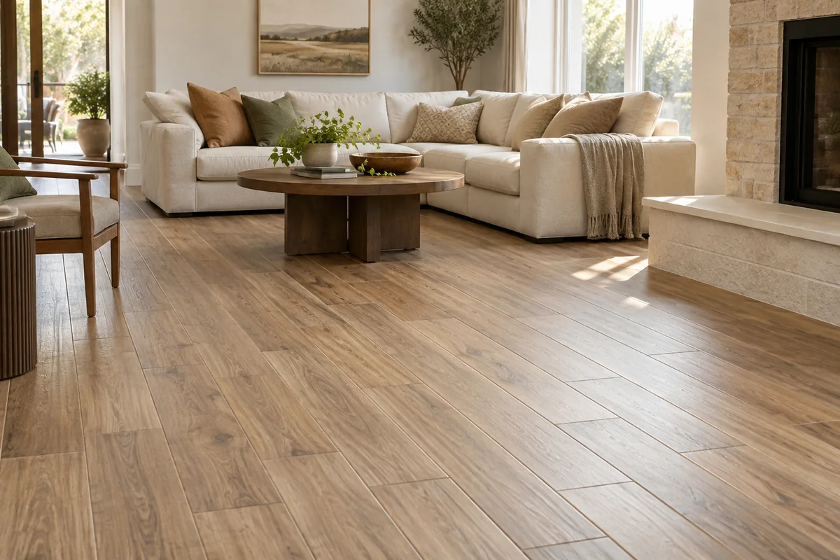 Wood-look porcelain plank flooring in a warm modern living room