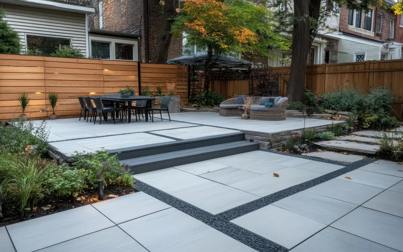 Modern backyard patio with patio furniture, wooden fencing, and stone steps
