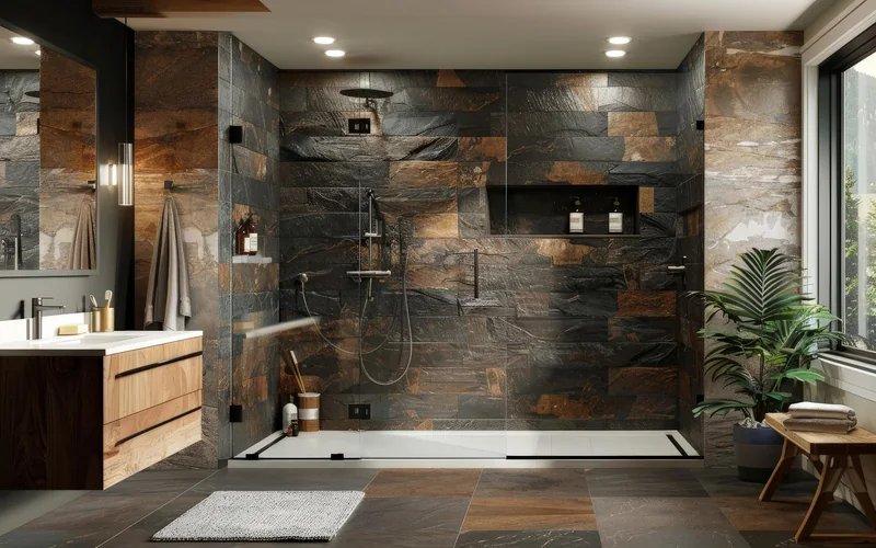 Modern bathroom with a walk-in shower, sleek vanity, and natural stone accents