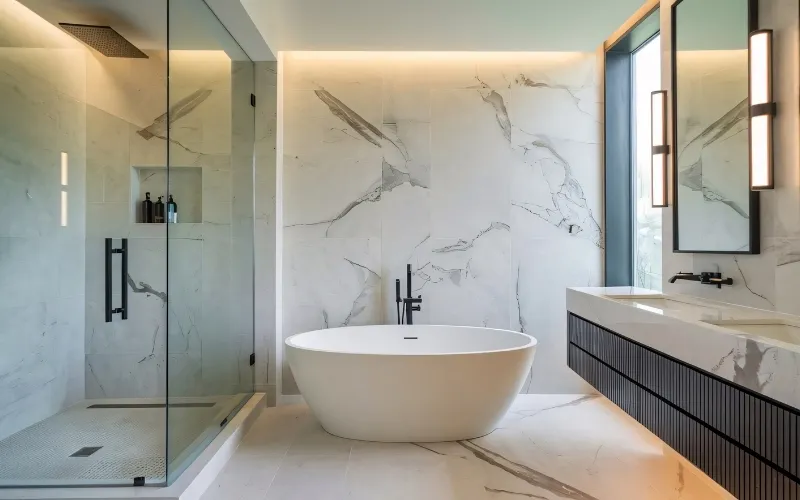 Natural marble shower tiles installed on bathroom walls with coordinated stone details