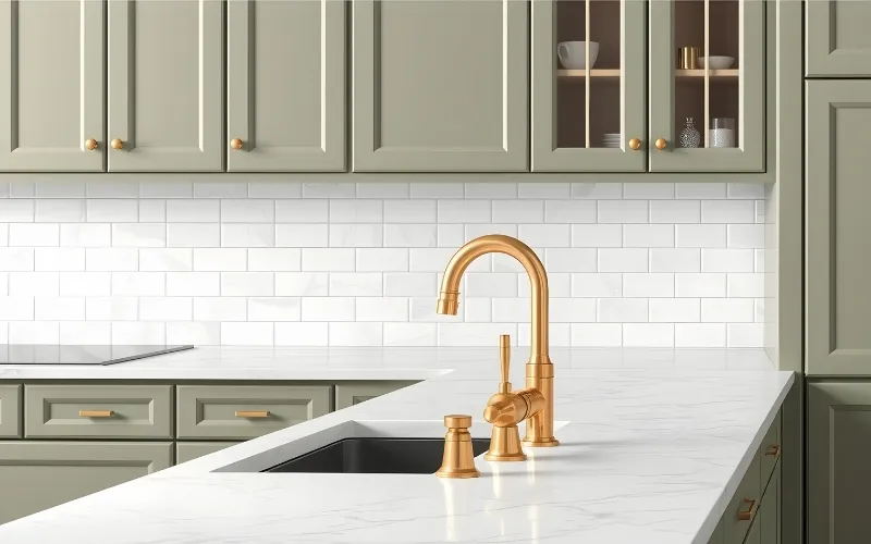 Marble backsplash tiles in a modern kitchen with green cabinets and natural stone details