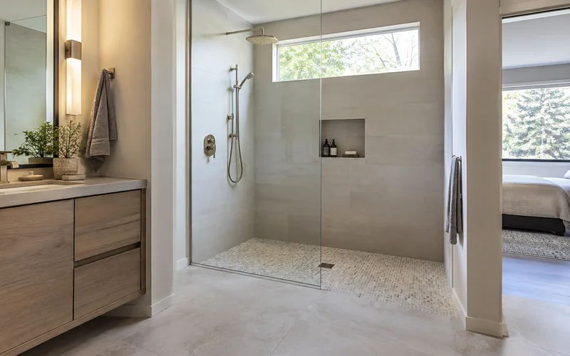 Modern curbless shower with mosaic floor tile and a seamless bathroom transition