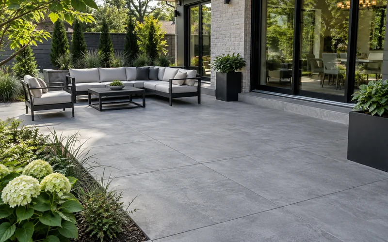 Contemporary patio finished with large-format porcelain pavers beside landscaped planting