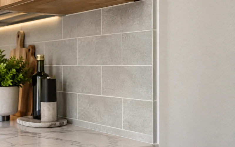 Modern tiled backsplash with a clean finished edge beside painted drywall