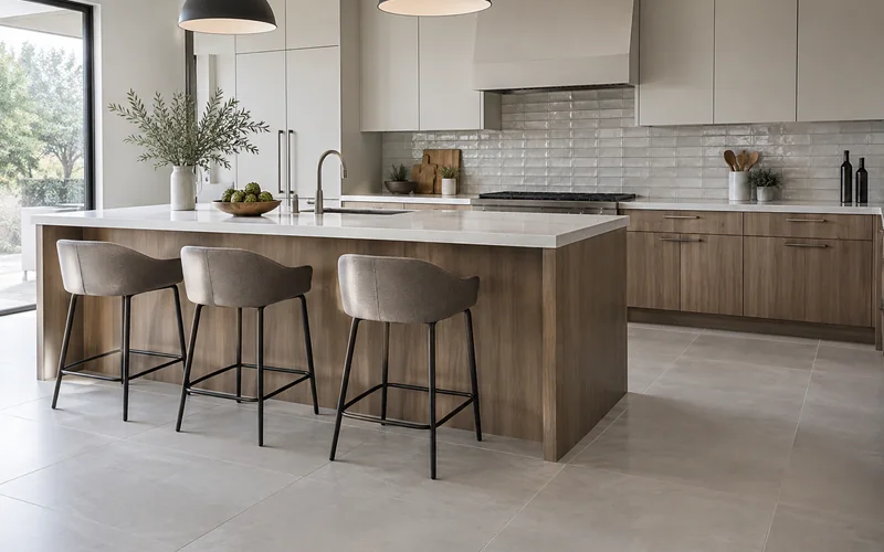 Contemporary kitchen featuring large-format floor tile and a detailed tiled backsplash