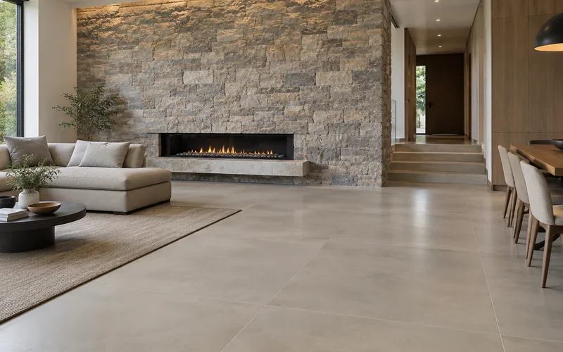 Modern neutral interior combining a porcelain tile floor with a natural stone feature wall