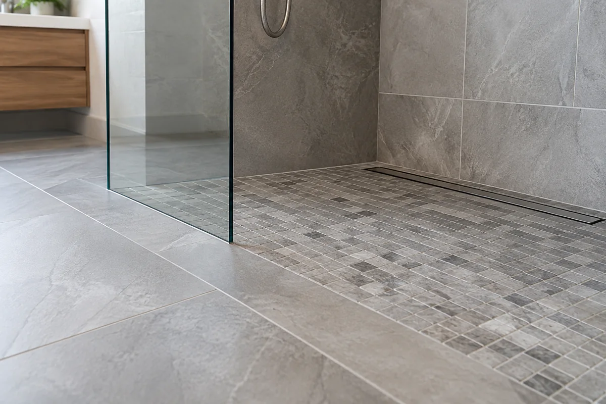 Mosaic shower floor meeting the surrounding bathroom floor near a linear drain