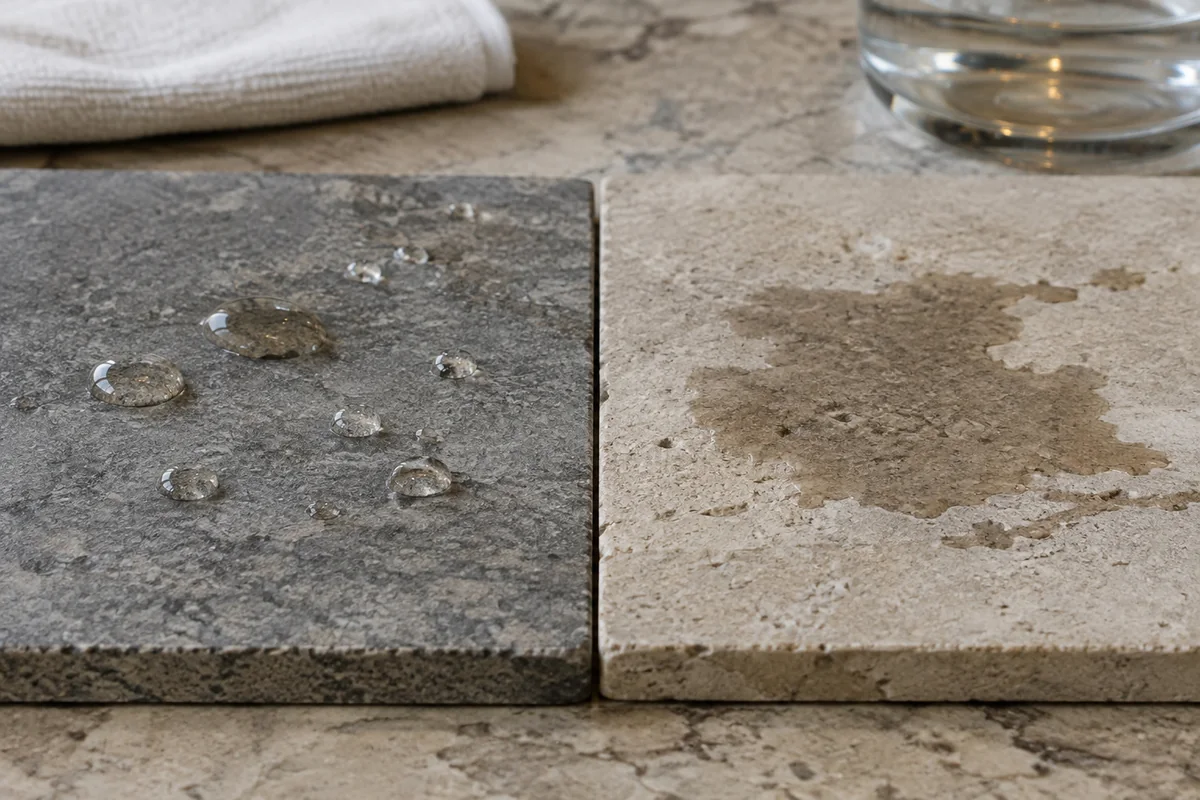 Natural stone surfaces showing beading and moisture absorption