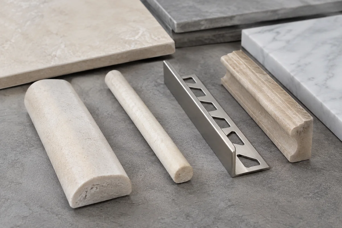 Bullnose, narrow molding, metal, and stone tile edge samples arranged for comparison