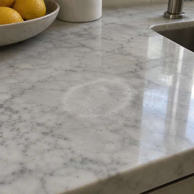 Dull etched area visible on a polished marble countertop