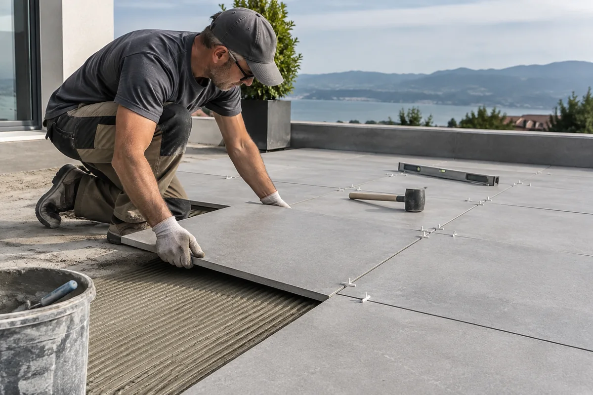 Installer positioning large-format porcelain pavers on a prepared outdoor terrace