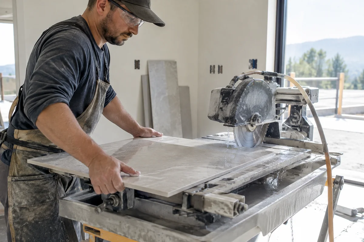 Tile installer cutting a large-format tile with a wet saw
