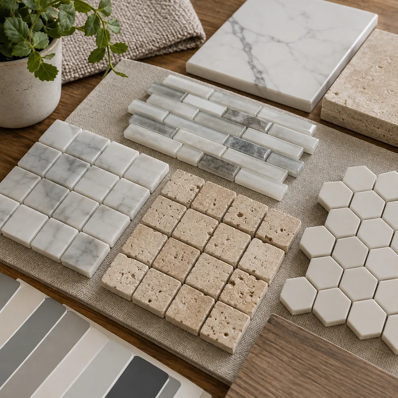 Marble, travertine, and porcelain mosaic tile samples showing varied colors and textures