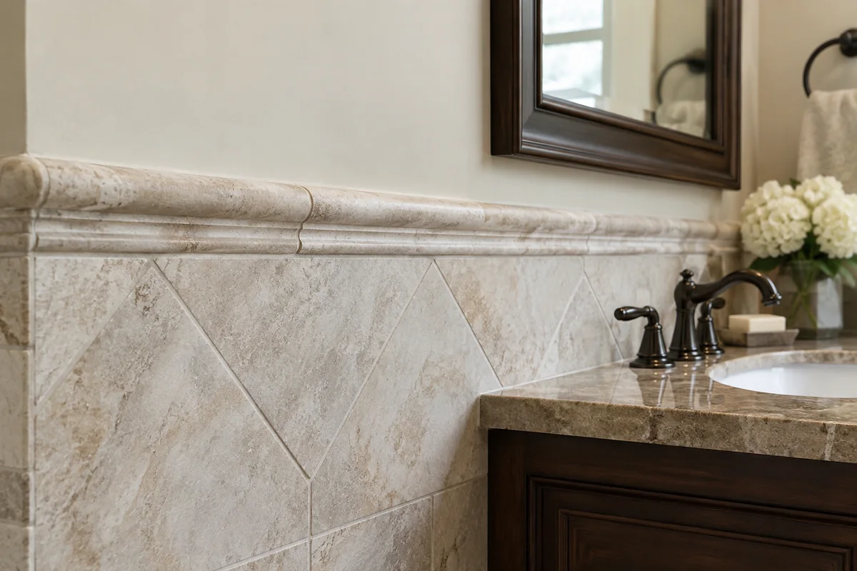 Traditional bathroom featuring natural stone wall tile and decorative edge molding
