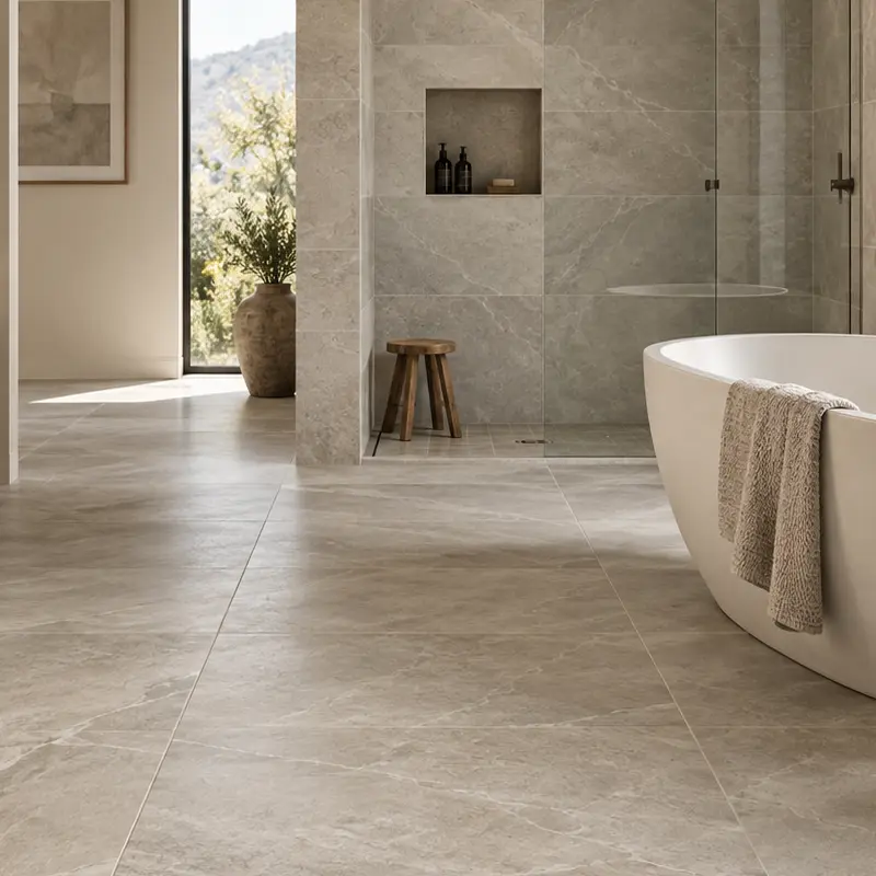 Contemporary bathroom with large-format stone-look porcelain tile on the floor and shower walls