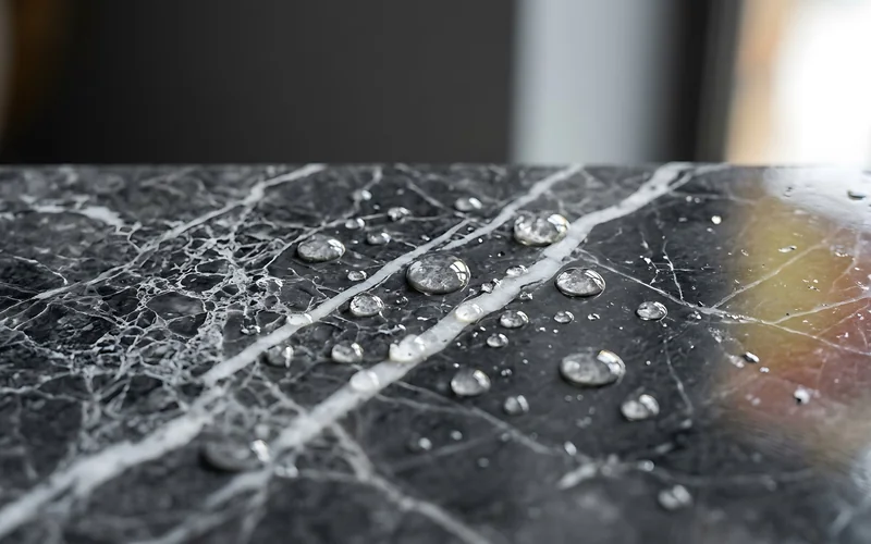 Water droplets on a polished dark marble surface