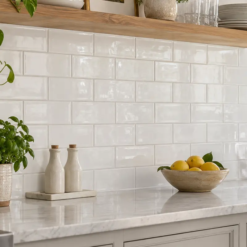 White glazed ceramic-style subway tile backsplash in a bright kitchen with open wood shelving