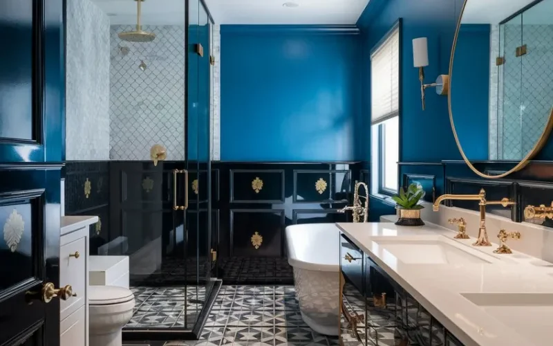 Luxury bathroom interior with geometric mosaic tile floor pattern and modern shower design