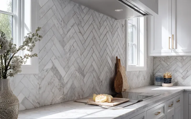 close up herringbone marble mosaic tile pattern texture, clean studio lighting, minimal background, high resolution architectural material photography