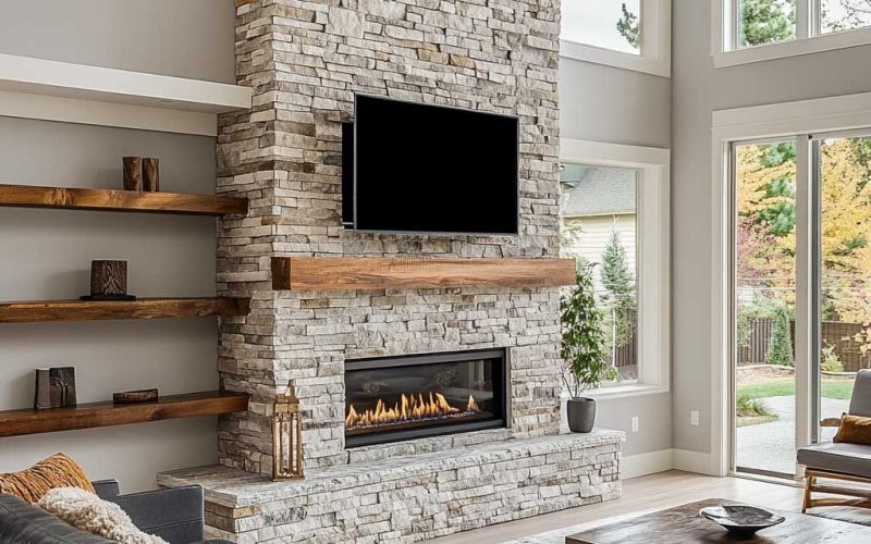 ledgestonelivingroom Beautiful ledgestone fireplace in a modern living room, showcasing the natural textures and warm tones of Stone Market USA's premium ledgestones.