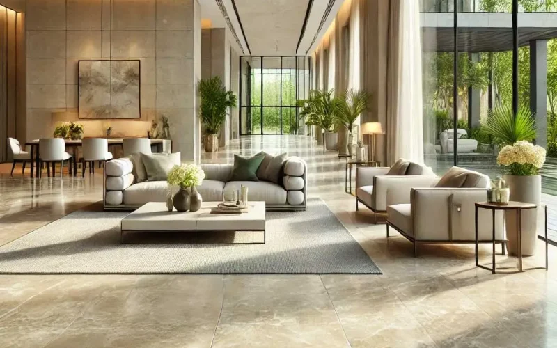 A modern living room featuring premium limestone flooring in soft beige and light gray tones. The space is illuminated by natural light from large windows, with elegant neutral-colored furniture and green potted plants enhancing the warm and inviting atmosphere. The polished limestone flooring seamlessly transitions to an outdoor patio with matching pavers, showcasing its versatility and timeless appeal.