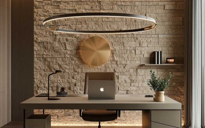 limestoneledgestone Modern workspace with limestone ledgerstone walls, a sleek desk setup, and ambient lighting for a sophisticated interior design.