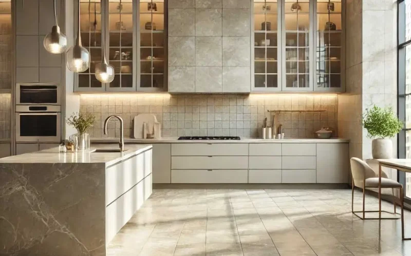 A modern kitchen featuring premium limestone tiles in soft beige and light gray tones. The floor and backsplash are designed with polished limestone, complemented by sleek neutral-colored cabinetry, natural lighting from large windows, and subtle greenery for a clean and inviting ambiance