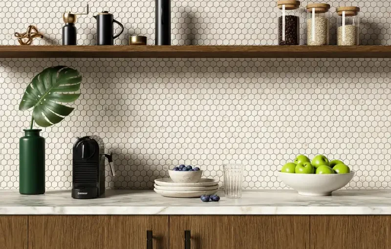 lymra limestone hexagon mosaic tile backsplash