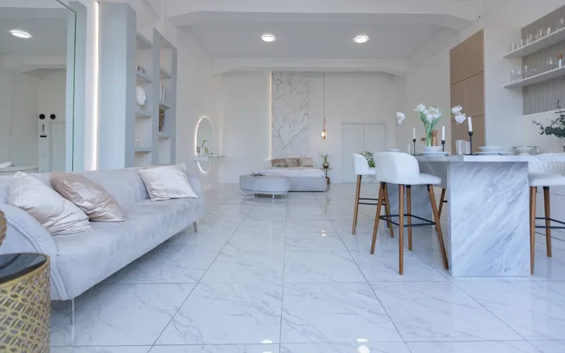 modern living space with polished marble tile floor in Fort Lauderdale luxury interior design