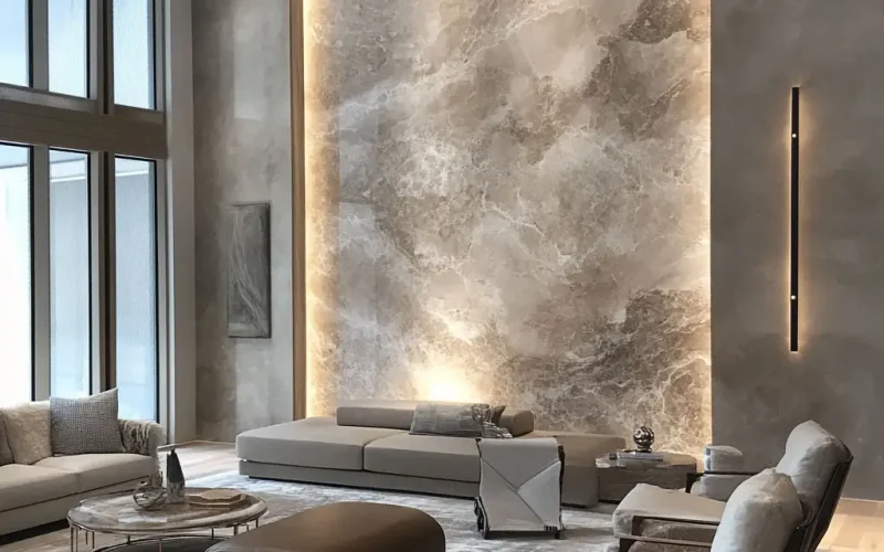 A modern living room with a polished marble ledgerstone feature wall, showcasing elegant veining and textured sophistication in a minimalist design.