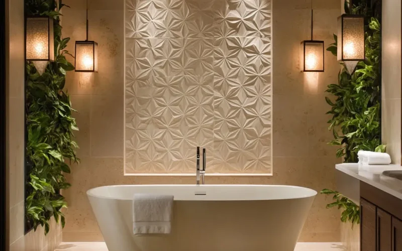A stylish bathroom featuring a limestone mosaic tile wall with intricate geometric patterns in earthy beige and cream tones. The space is enhanced with modern fixtures, soft lighting, and decorative greenery, showcasing the natural beauty and timeless elegance of limestone mosaics.
