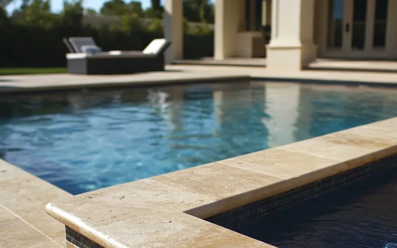 Travertine pool coping around a luxurious pool, showcasing smooth edges and natural elegance.