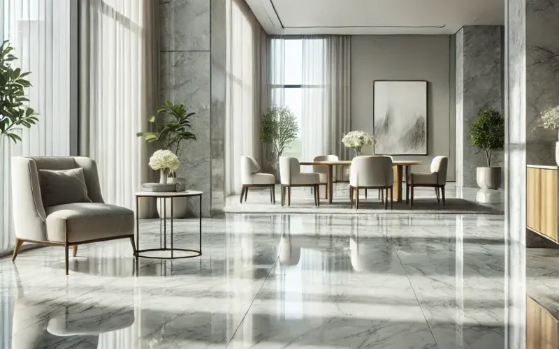 A luxurious interior space featuring polished white marble flooring with subtle gray veining. The room is illuminated by natural light from large windows, complemented by minimalist neutral-toned furniture and soft greenery, showcasing the elegance and durability of premium marble flooring.