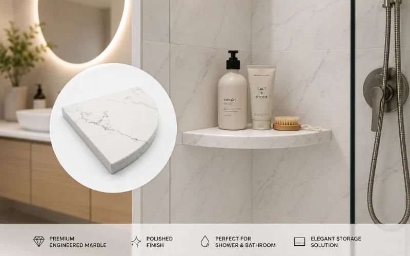 Snow White engineered marble corner shelf installed in a modern shower bathroom