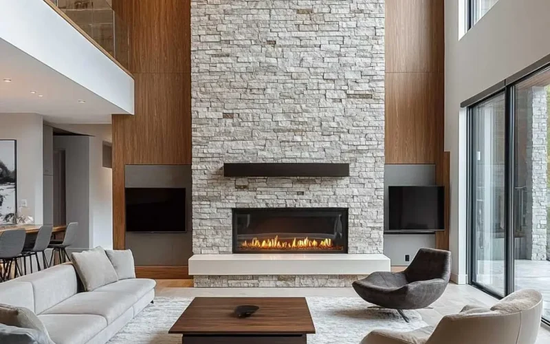 stackedstone Modern living room with a feature wall made of natural ledgestone, showcasing the textured elegance of stacked stone in neutral earthy tones. Perfect for interior design inspiration.
