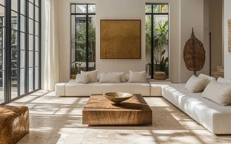 Living room with honed travertine flooring, showcasing natural elegance and timeless design.