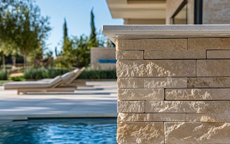 travertine-ledge-stone A close-up shot of natural travertine ledgerstone with a textured split face finish, showcasing its beige and gray earthy tones.