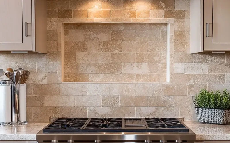 Travertine mosaic tile backsplash in a minimalist modern kitchen with white cabinets and a wooden countertop, highlighting the natural stone's warm tones and elegant texture.